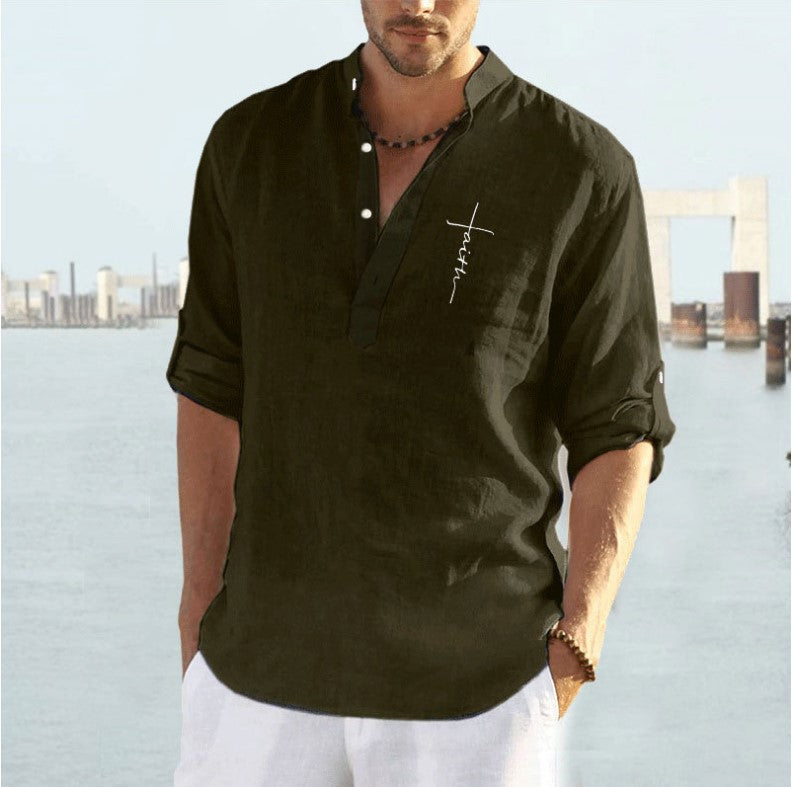 Men's Cotton Linen Embroidered Long Sleeve Shirt - Stand Collar