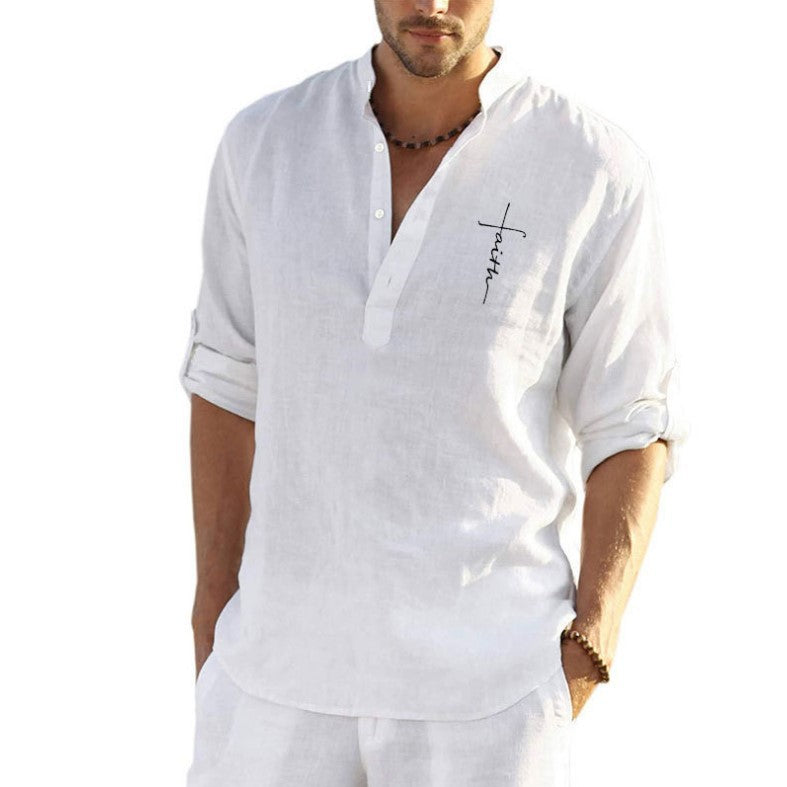 Men's Cotton Linen Embroidered Long Sleeve Shirt - Stand Collar