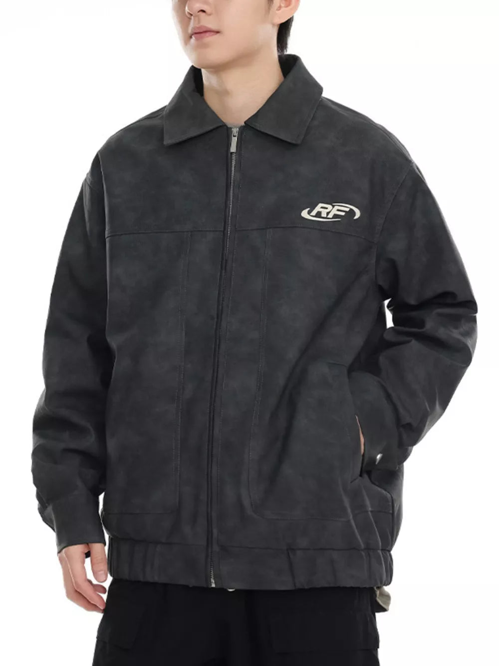 Men's Plus Size Washed Zip-Up Jacket – 100% Polyester, Vintage Finish & Pocketed