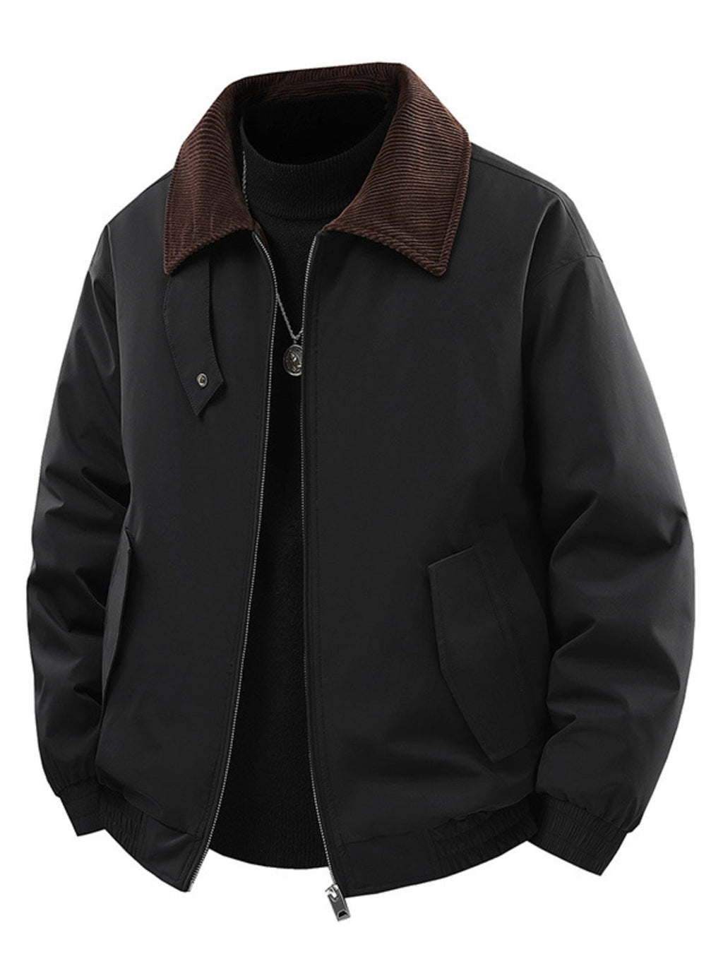 Men's Corduroy Collar Zip-Up Jacket – 95% Polyester, Stretch Fit & Multi-Pocket