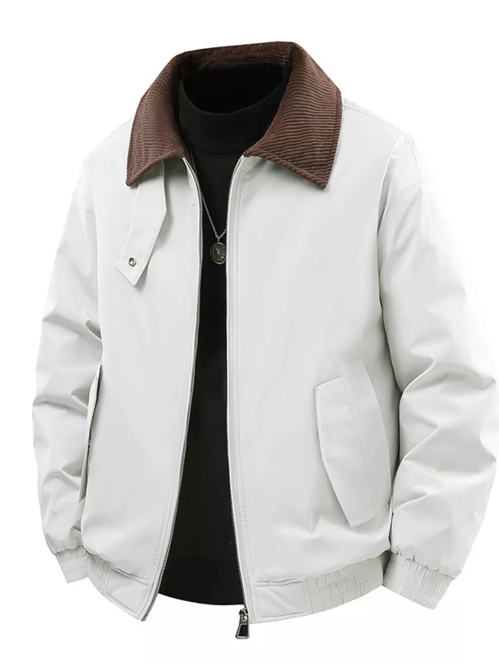 Men's Corduroy Collar Zip-Up Jacket – 95% Polyester, Stretch Fit & Multi-Pocket