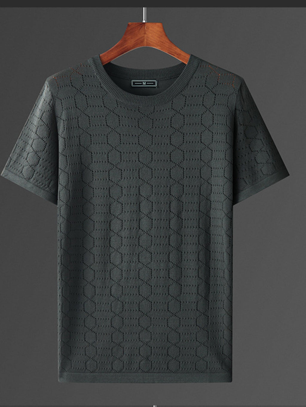 Men's Plus Size Round Neck T-Shirt – Ribbed Geometric Texture, 100% Polyester
