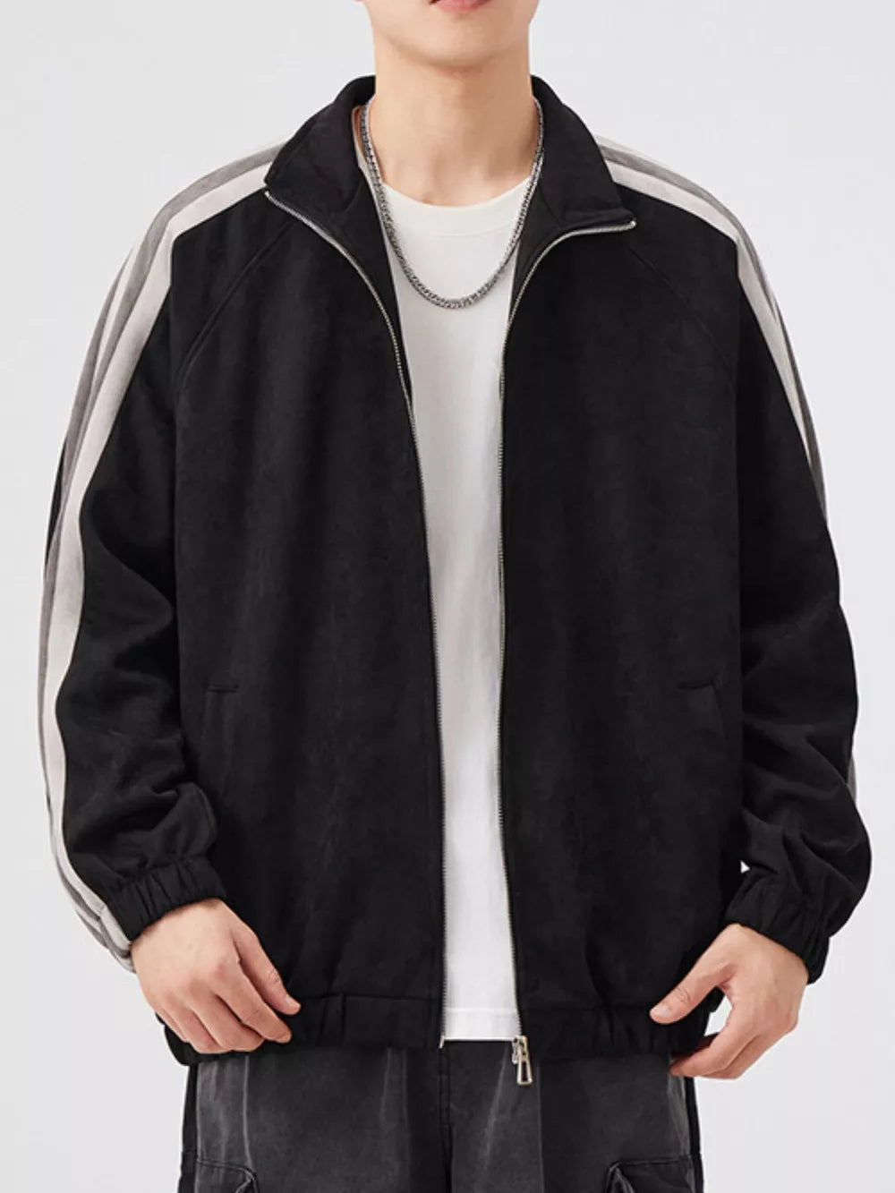 Men's Striped Shoulder Zip-Up Jacket – 95% Polyester, Stretch Fit & Pocketed | Sizes M–2XL