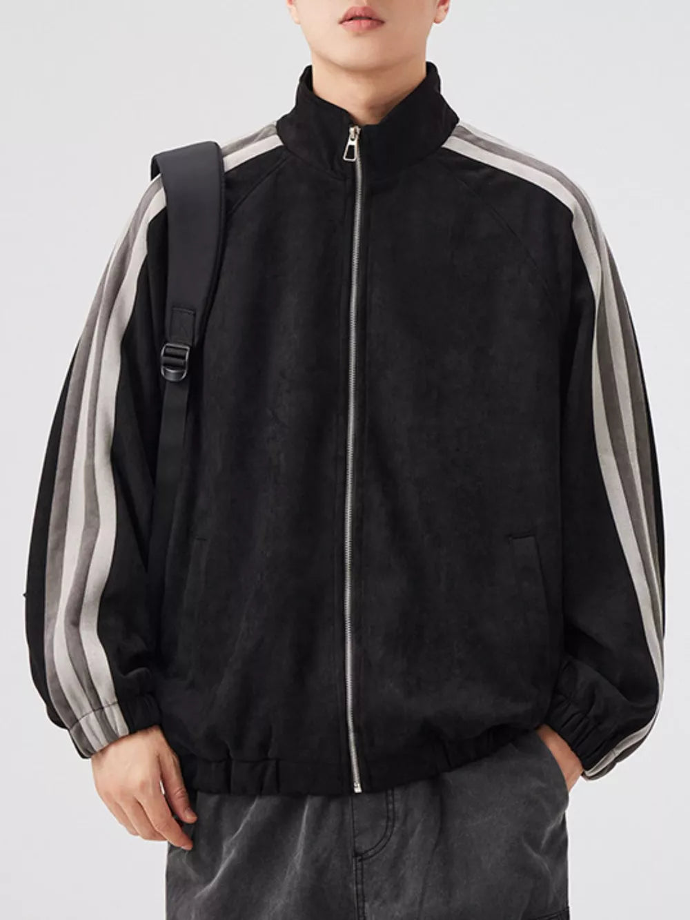 Men's Striped Shoulder Zip-Up Jacket – 95% Polyester, Stretch Fit & Pocketed | Sizes M–2XL