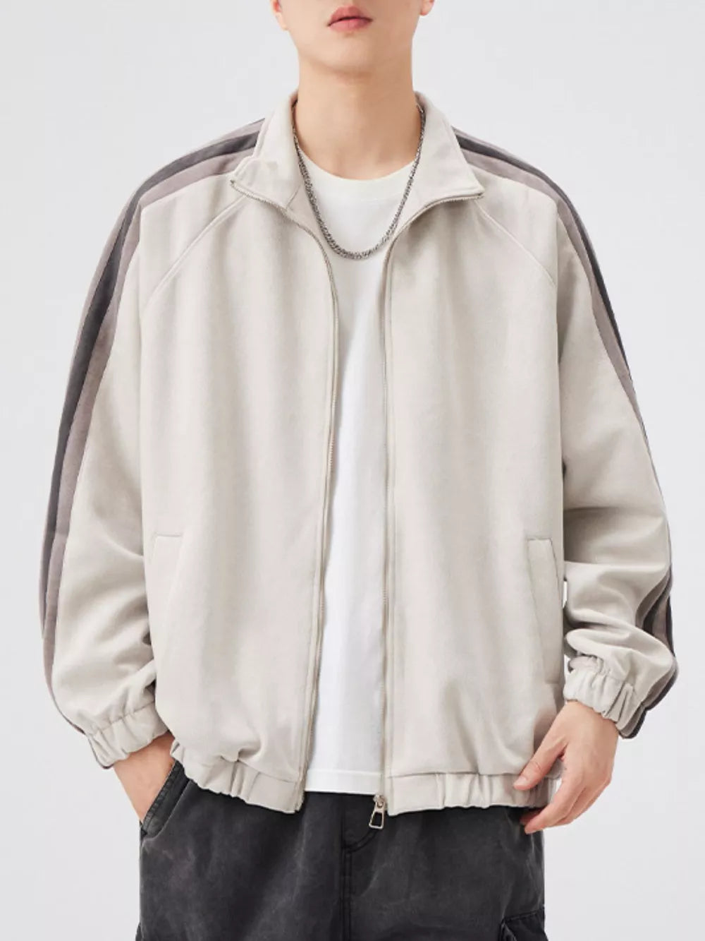 Men's Striped Shoulder Zip-Up Jacket – 95% Polyester, Stretch Fit & Pocketed | Sizes M–2XL