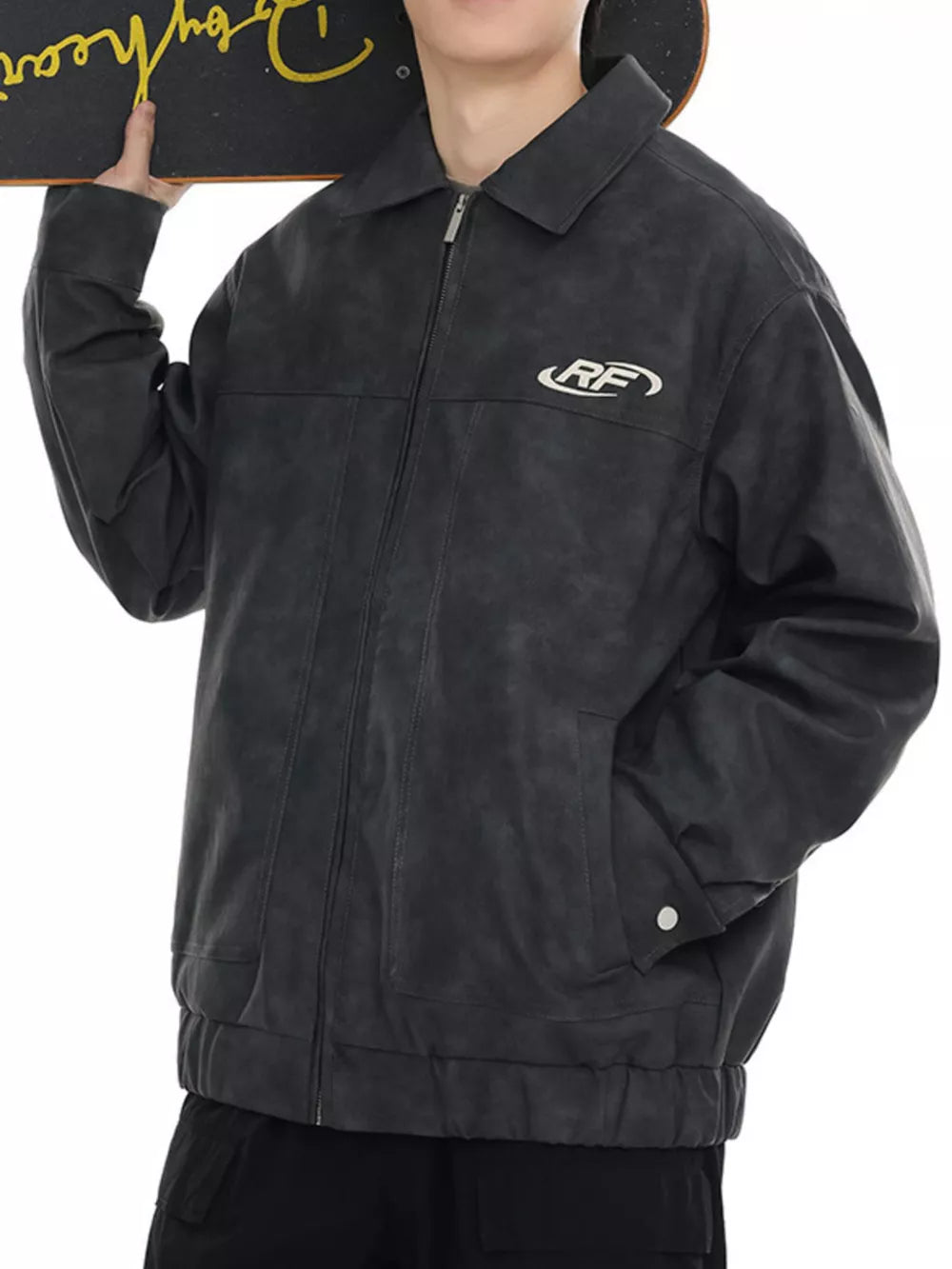 Men's Plus Size Washed Zip-Up Jacket – 100% Polyester, Vintage Finish & Pocketed