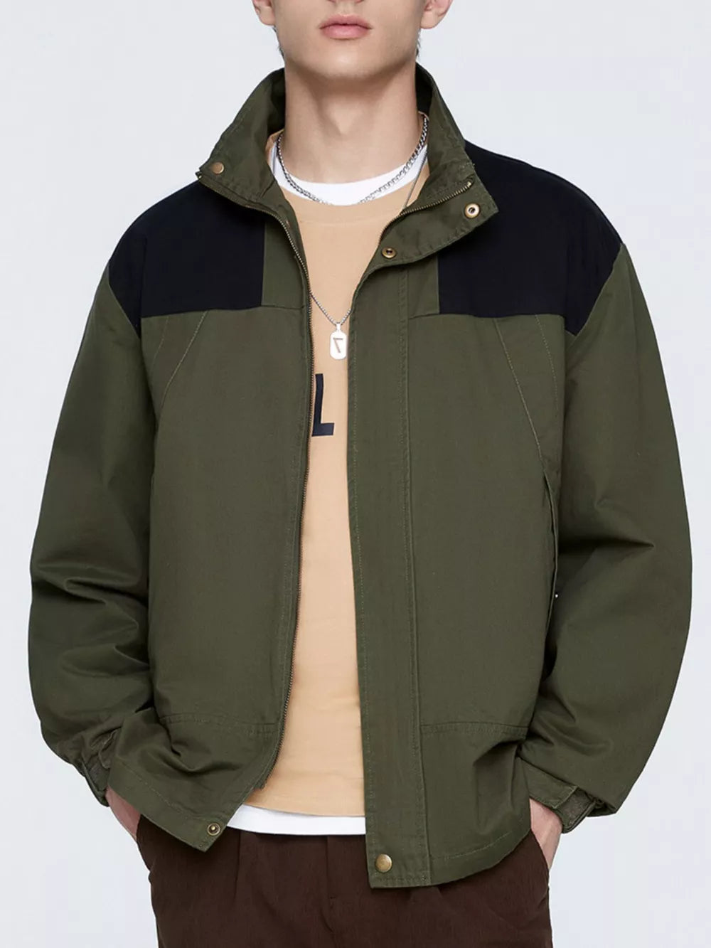 Men's Plus Size Two-Tone Windproof Jacket – 100% Polyester, Color-Block & Pocketed
