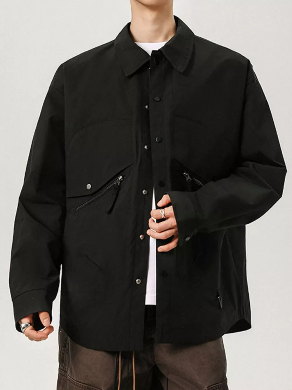 Men's Plus Size Snap-Down Jacket – 100% Polyester, Snap & Zip Closure | Sizes M–8XL