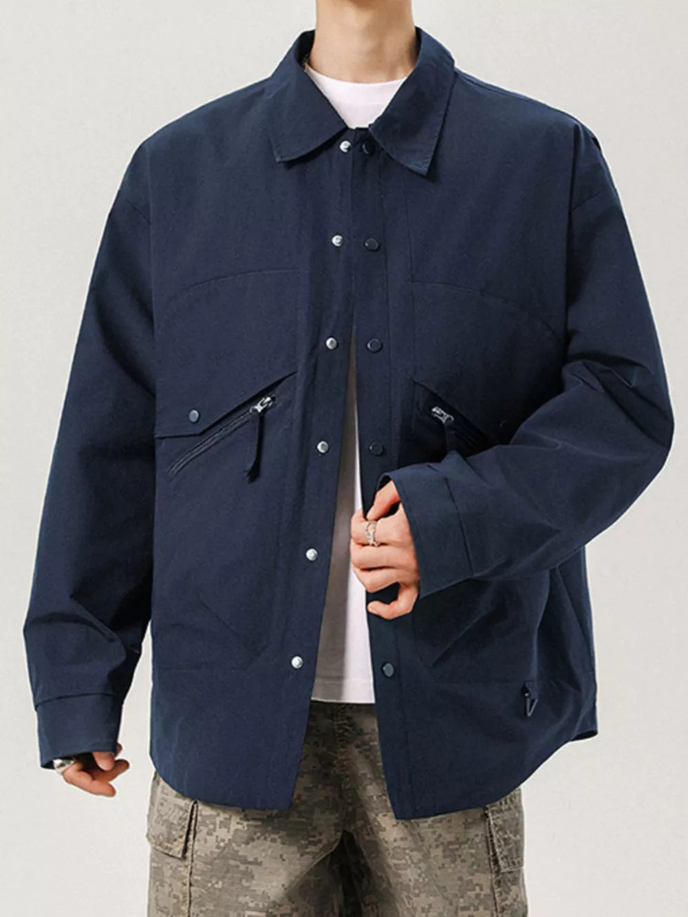 Men's Plus Size Snap-Down Jacket – 100% Polyester, Snap & Zip Closure | Sizes M–8XL