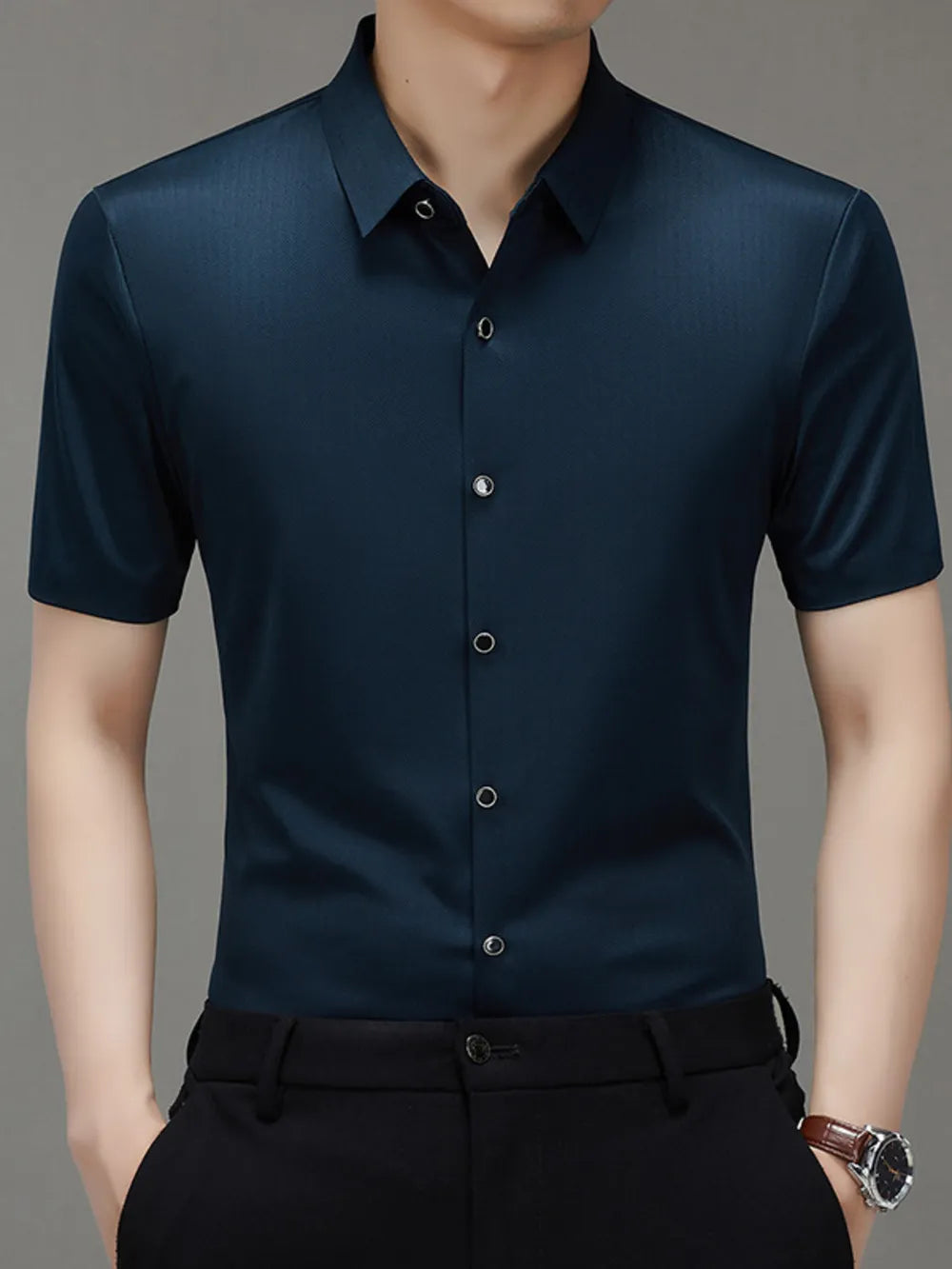Men's Short Sleeve Stretch Button-Up Shirt – Soft Cotton Blend Casual Top