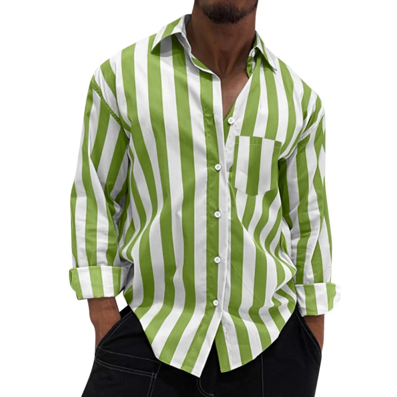 Men's Striped Button-Down Long Sleeve Shirt – Stretch Polyester Casual Top
