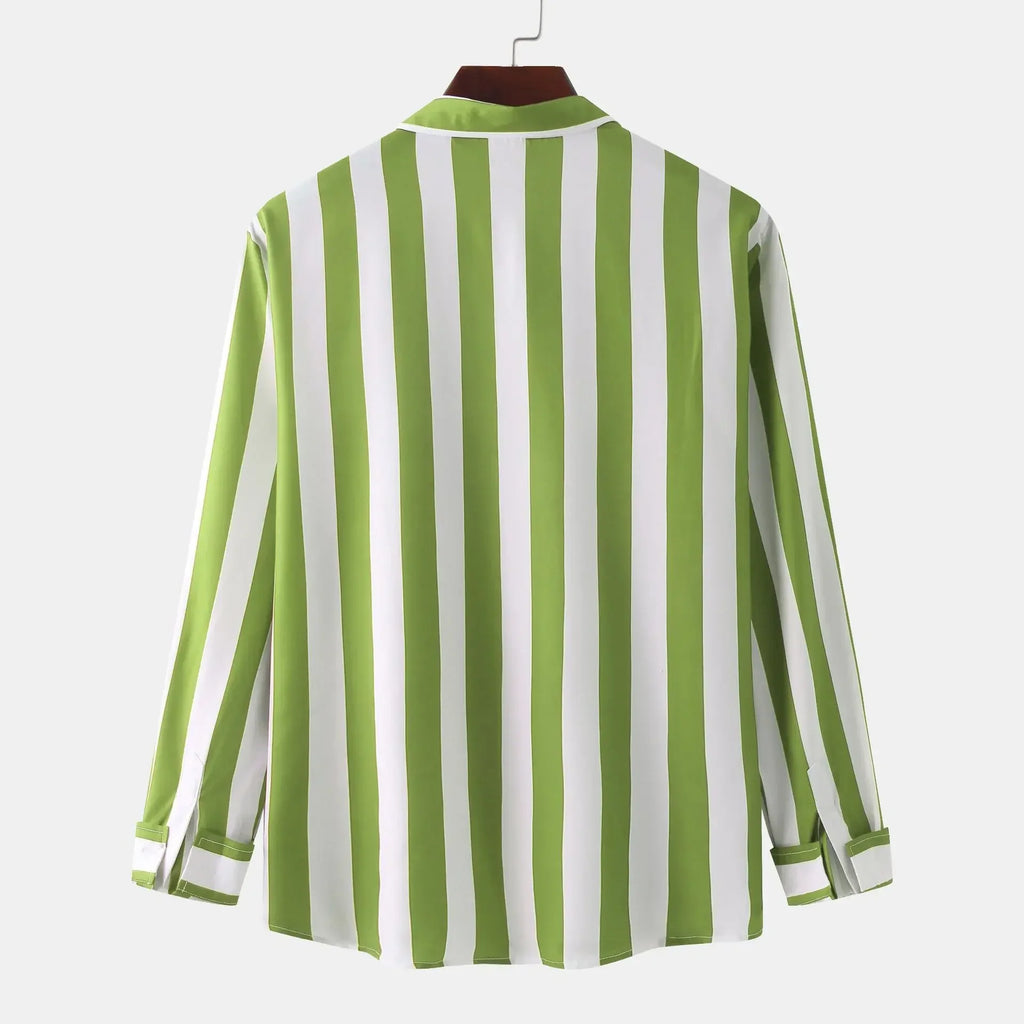 Men's Striped Button-Down Long Sleeve Shirt – Stretch Polyester Casual Top