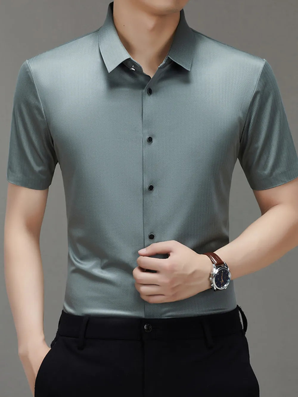 Men's Short Sleeve Stretch Button-Up Shirt – Soft Cotton Blend Casual Top