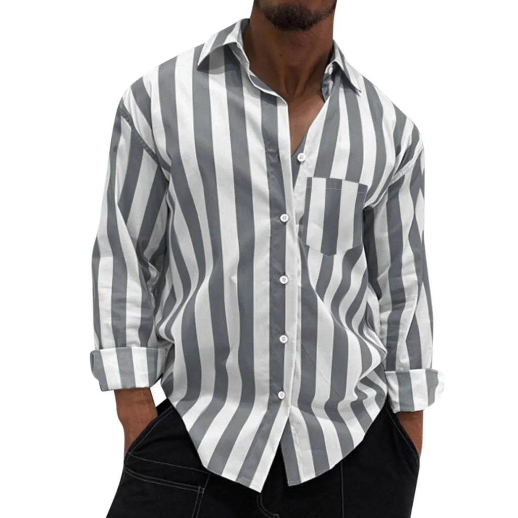 Men's Striped Button-Down Long Sleeve Shirt – Stretch Polyester Casual Top