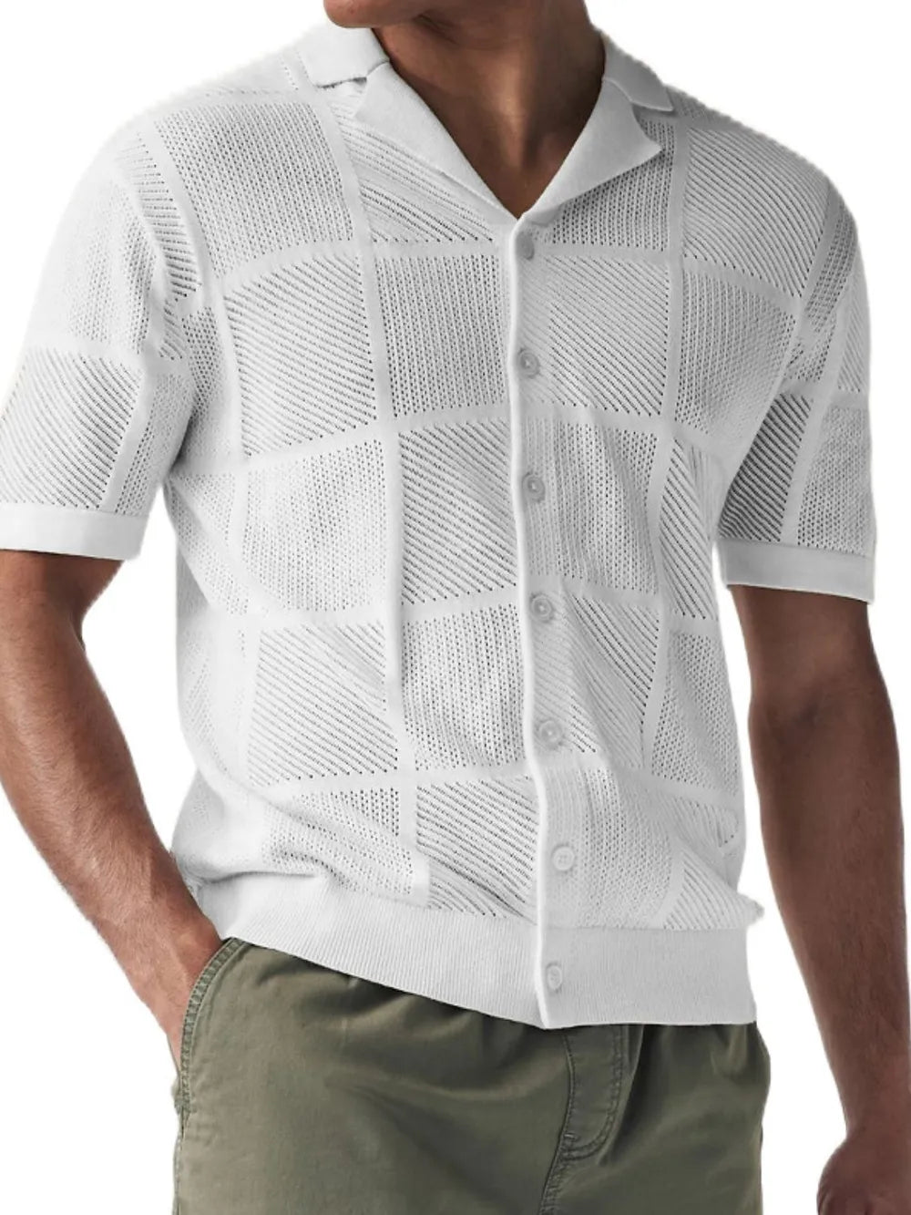 Men's Checkered Eyelet Button-Down Shirt – Textured Unique Detail
