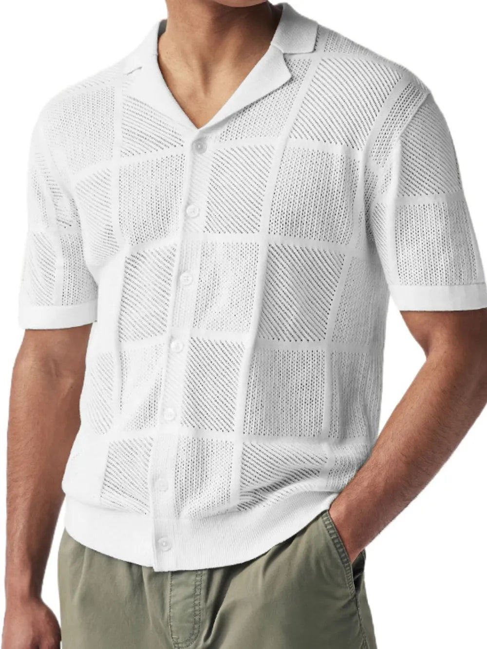 Men's Checkered Eyelet Button-Down Shirt – Textured Unique Detail