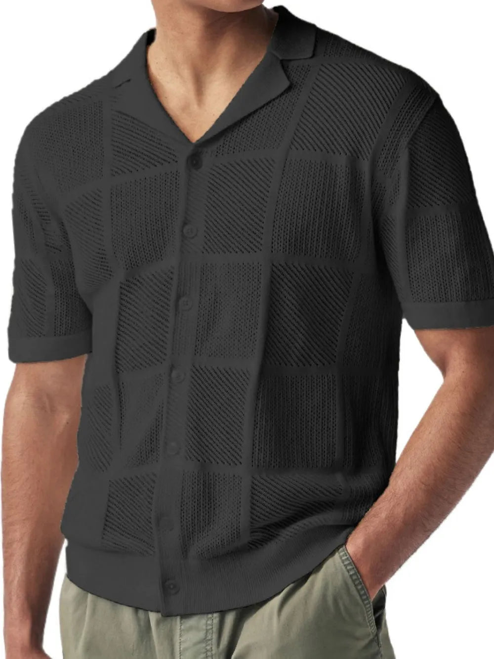 Men's Checkered Eyelet Button-Down Shirt – Textured Unique Detail