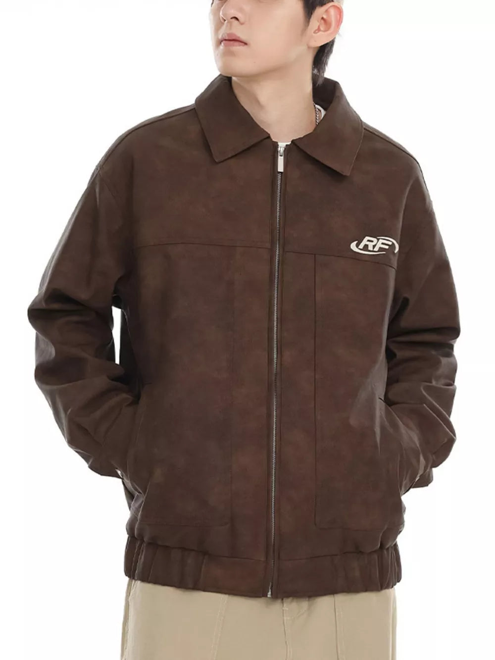 Men's Plus Size Washed Zip-Up Jacket – 100% Polyester, Vintage Finish & Pocketed