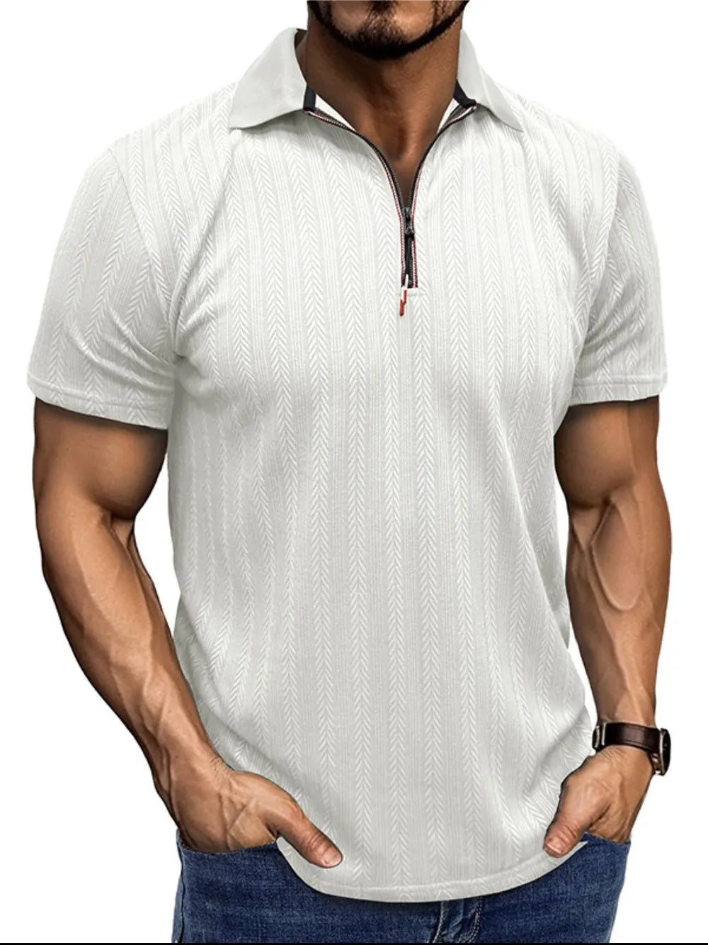 Men's Textured Quarter-Zip Polo Shirt – Stretch Polyester Performance Top