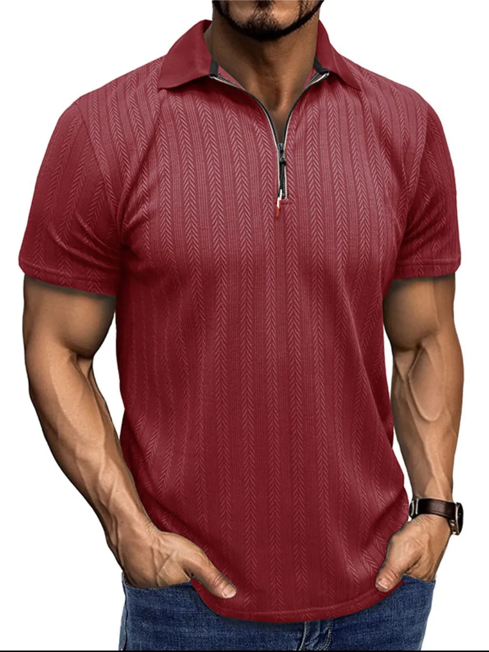 Men's Textured Quarter-Zip Polo Shirt – Stretch Polyester Performance Top
