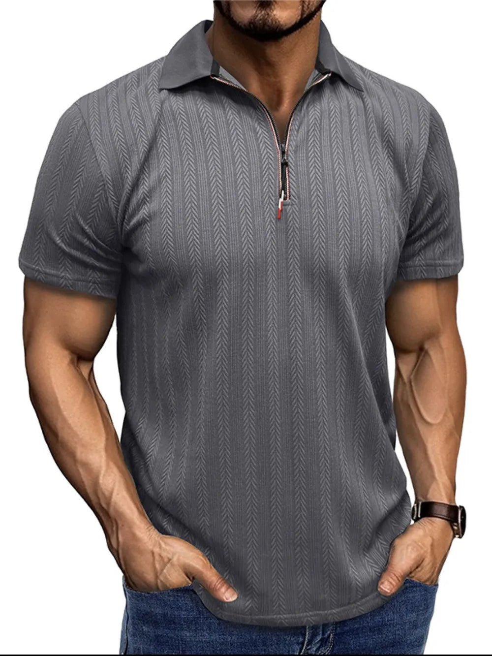 Men's Textured Quarter-Zip Polo Shirt – Stretch Polyester Performance Top