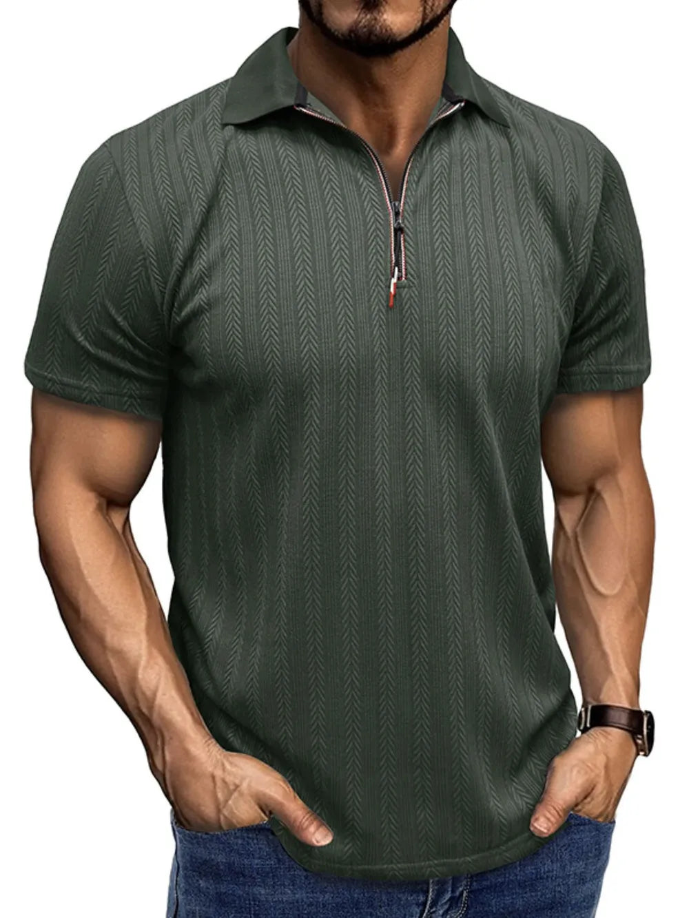 Men's Textured Quarter-Zip Polo Shirt – Stretch Polyester Performance Top