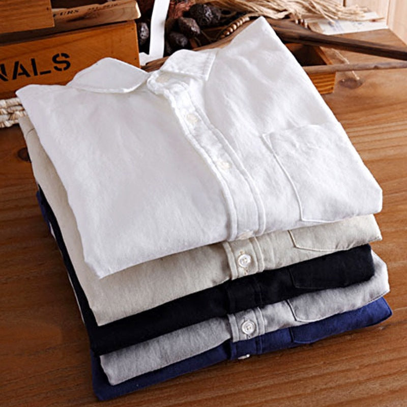 Men's Japanese Retro Linen Shirt – Breathable Cotton-Linen Blend, White & Black