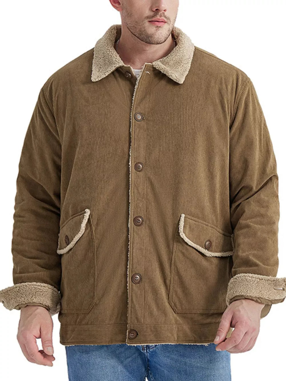 Men's Corduroy Sherpa-Lined Button-Up Jacket – Stretch Comfort, Warm & Pocketed | Sizes S–2XL