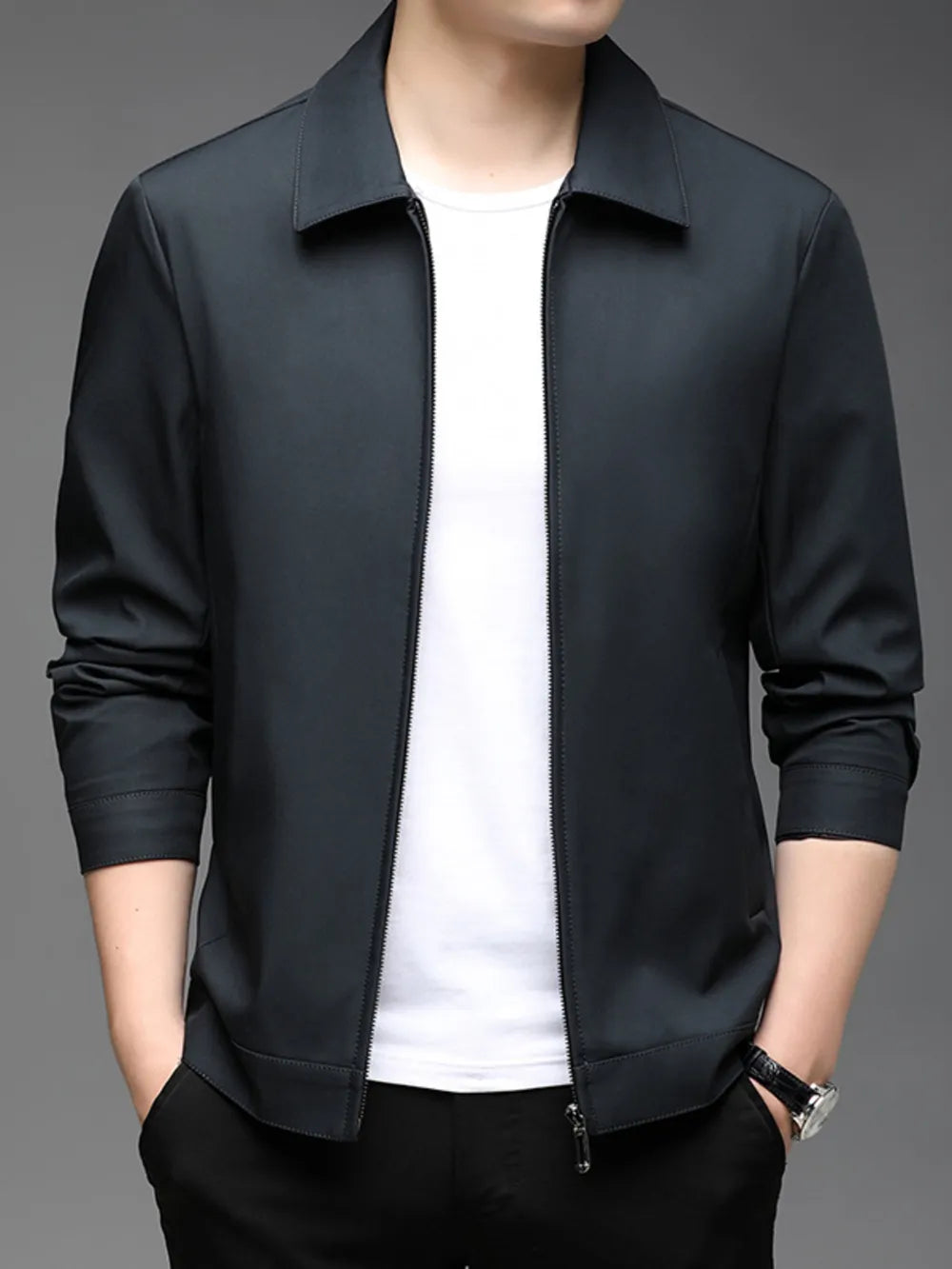 Men's Plus Size Zip-Up Jacket – 100% Polyester, Full Zip & Relaxed Fit