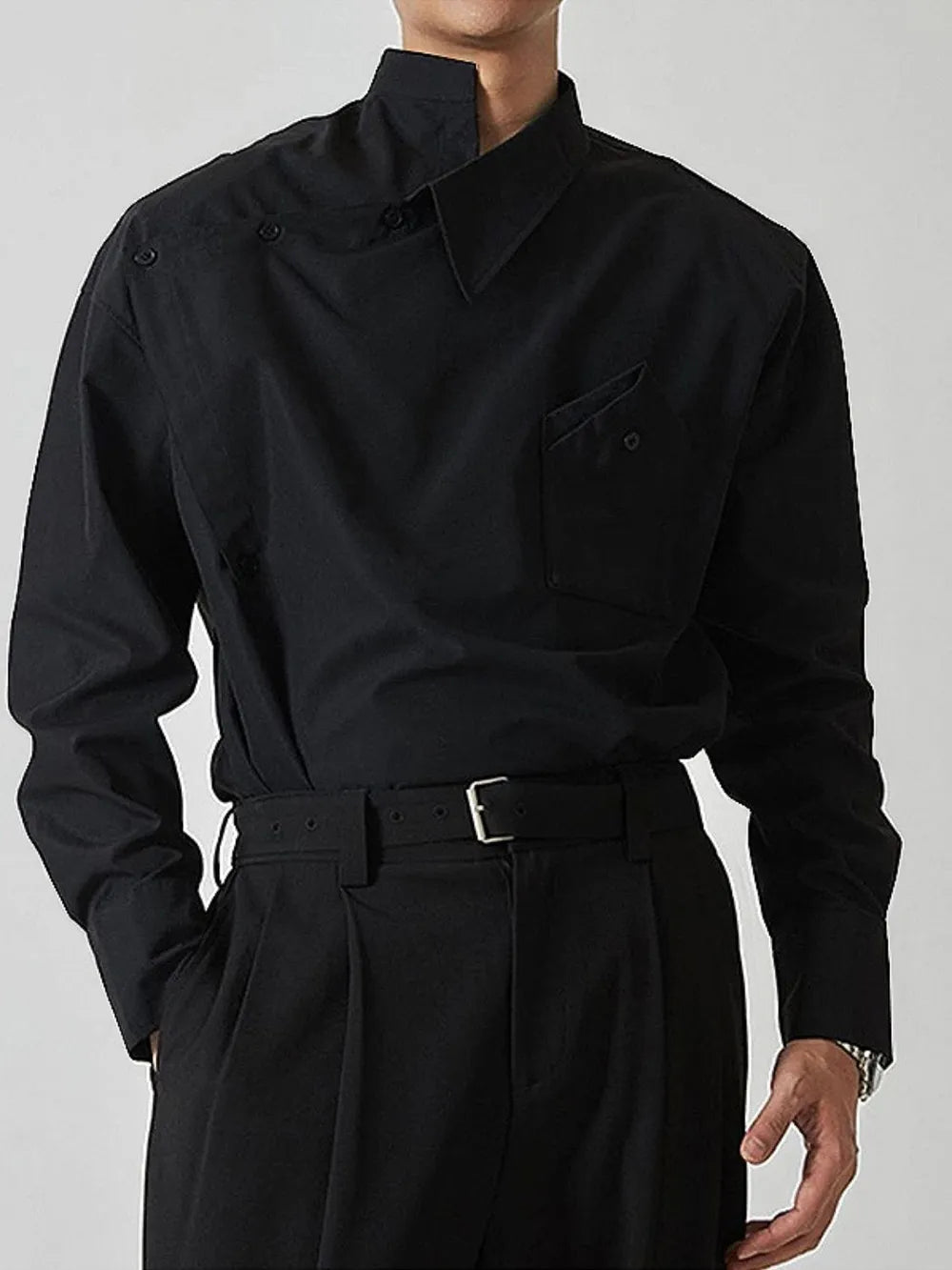 Men's Asymmetrical Long Sleeve Shirt – Stretch Polyester Fashion Top