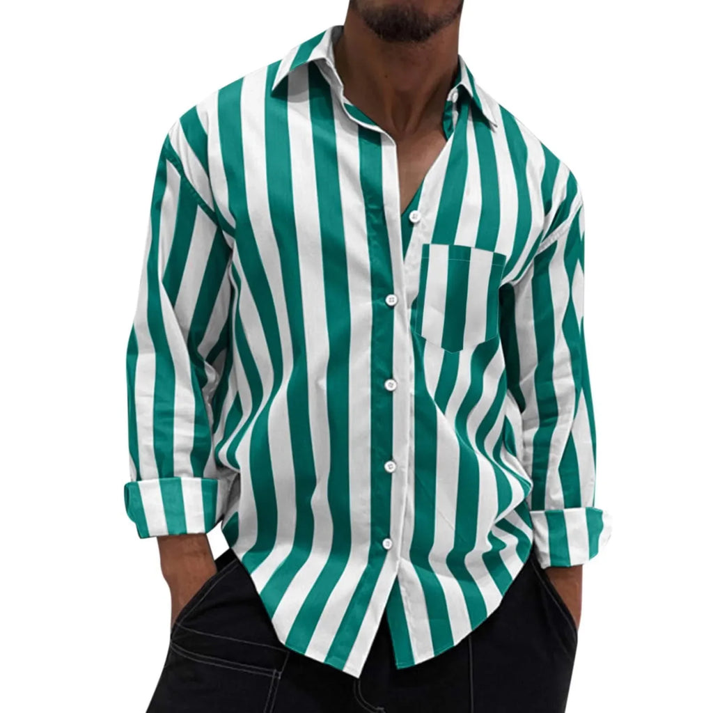 Men's Striped Button-Down Long Sleeve Shirt – Stretch Polyester Casual Top