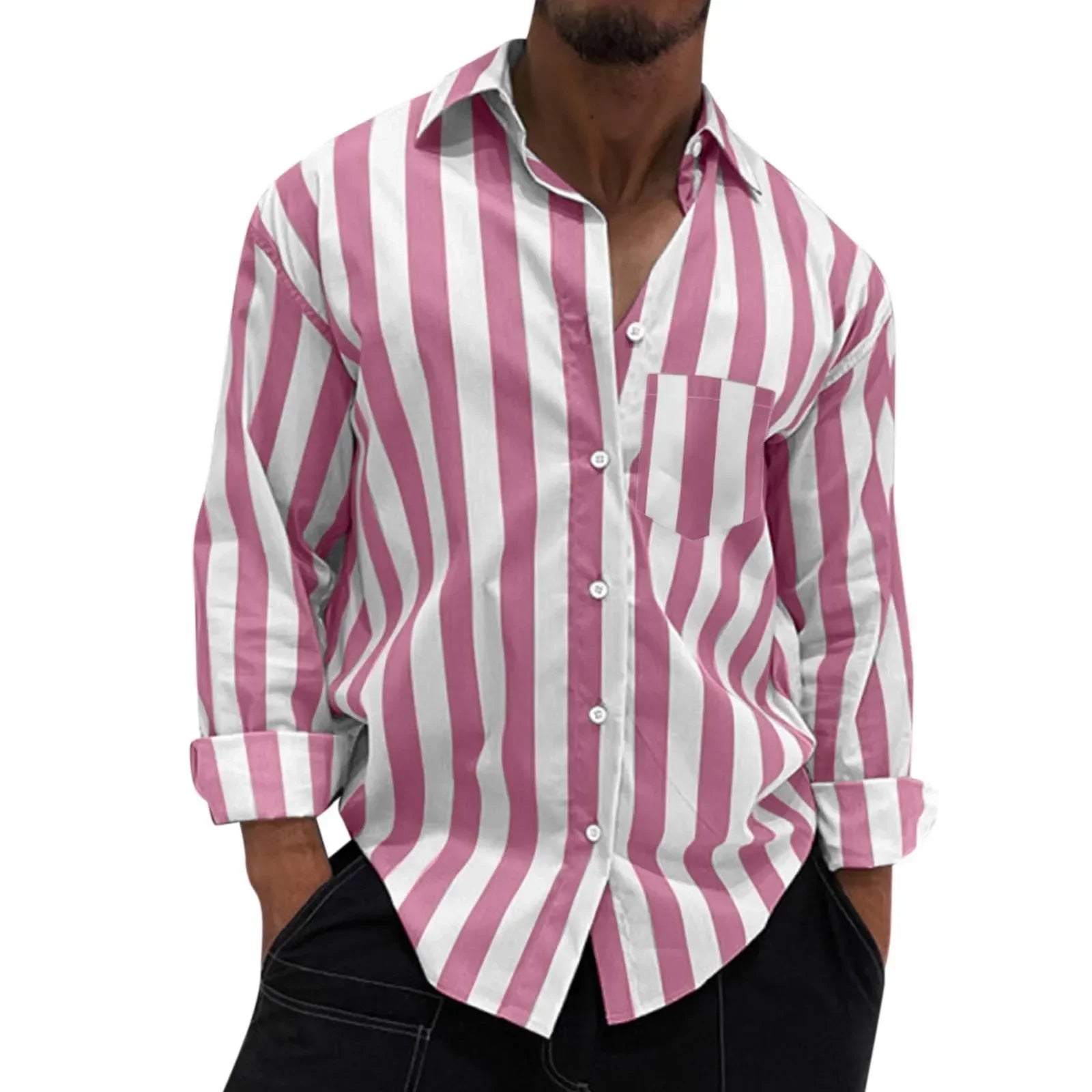 Men's Striped Button-Down Long Sleeve Shirt – Stretch Polyester Casual Top