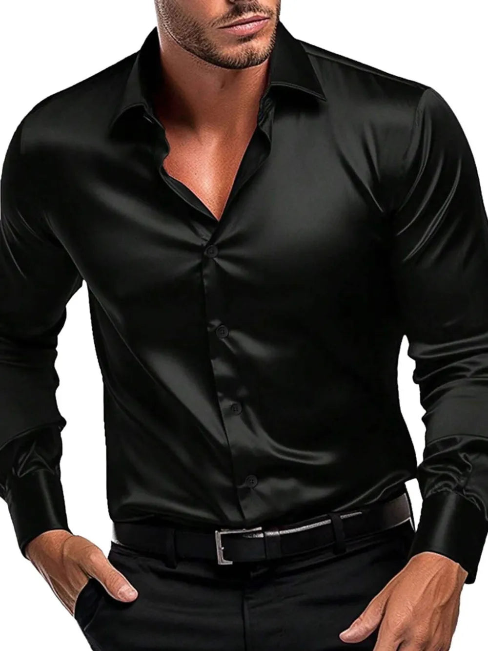 Men's Button-Down Long Sleeve Shirt – Lightweight Stretch Polyester